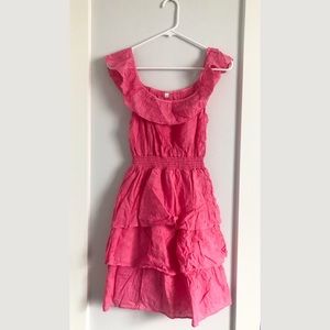 Ruffle Trim Shirred Waist Layer Hem Eyelet Embroidered Dress | Womens XS (2)